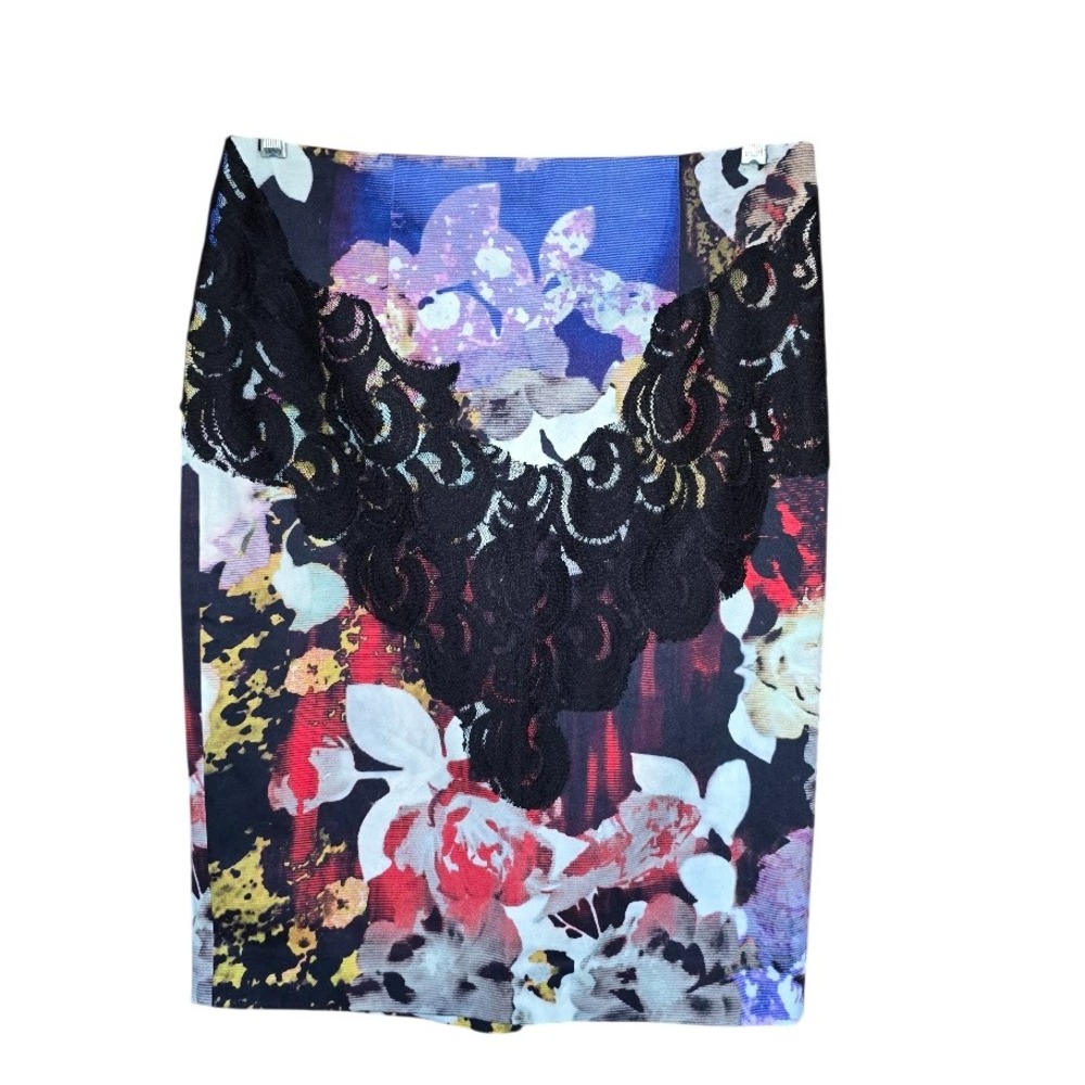 Rachel Roy Multicolor Dark Floral Pencil Skirt Lace Applique Women 8 Romantic